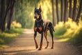 doberman pinscher walking through park on warm summer day