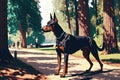 doberman pinscher walking through park on warm summer day