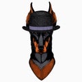 Doberman portrait in a captain cap with sunglasses. Vector illustration. Bowler hat.