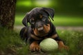 doberman puppy playing with ball in the park