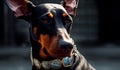 Doberman standing guard with a collar, close up, on the street.