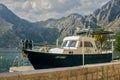 DOBROTA, MONTENEGRO, September 22, 2016: Moored yacht among the mountains in the Bay of Kotor