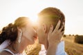 Groom and bride on sunset background. Gomel, Belarus Royalty Free Stock Photo