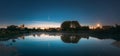 Dobrush, Belarus. Comet Neowise C2020f3 Anf Rising Moon In Night Starry Sky Reflected In Small Lake Waters.