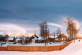 Dobrush, Belarus. Landscape With Old Houses On Background Of A P