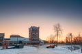 Dobrush, Gomel Region, Belarus. Old Paper Factory Tower In Winter Evening. Historical Heritage