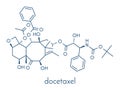 Docetaxel cancer chemotherapy drug molecule. Taxane class drug used in treatment of breast, prostate, lung and ovarian cancer etc