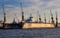 Dock and harbor cranes in Hamburg harbor in Germany