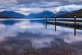 The dock on Lake MacDonald in Glacier National Park. Royalty Free Stock Photo