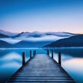 dock on lake with mountains in the background at dusk with fog on the water Royalty Free Stock Photo