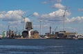 Dock with a modern port authority buildings and windmills in the port of Antwerp, Flanders,Belgium