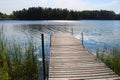 Dock overlooking a lake with trees in the background