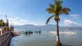 Dock and promenade on Lake Chapala with a palm tree, white pelicans, motor boats and mountains in the background, Royalty Free Stock Photo