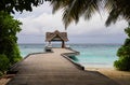 Dock with a straw shelter by the sandy beach on a gloomy day in the Maldives