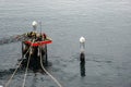 Dock workers drag a boat dock lines from a cruise ship to the dock to be tied up Royalty Free Stock Photo