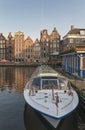 Docked boat on canal in Amsterdam