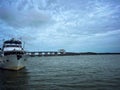 Docked boat with a drawbridge in the background. Beaufort, South Carolina.