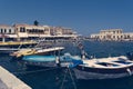 Docked boats in the harbour of Agios Nikolaos, Crete Greece