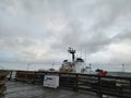 Docked Coastguard Ship in Rain Storm