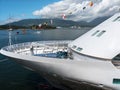 Docked cruise ship with sea and mountains Royalty Free Stock Photo