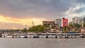 Docked ferry boats near to Golden Horn Metro Bridge, or Halic Bridge, Istanbul, Turkey, at sunset in a summer sunny day Royalty Free Stock Photo