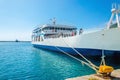 Docked Greek Ferry in painted typical blue-white colors waiting Royalty Free Stock Photo