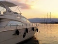Docked luxury yacht at sunset in marina Zeas, Piraeus, Greece Royalty Free Stock Photo