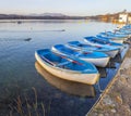 Docked rowboats for rent at Lake of Banyoles, Girona, Spain
