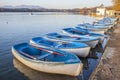 Docked rowboats for rent at Lake of Banyoles, Girona, Spain