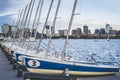 Docked sailing boats on a Charles River with view of Boston skyscrapers Royalty Free Stock Photo