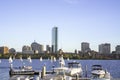 Docked sailing boats on a Charles River with view of Boston skyscrapers Royalty Free Stock Photo