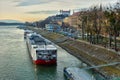 Docked ship at Danube river bank and Bratislava castle Royalty Free Stock Photo