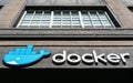 Docker sign at company headquarters in Silicon Valley