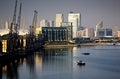 Docklands, London with Canary Wharf and the O2 Arena behind Royalty Free Stock Photo