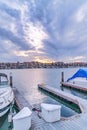 Docks and yachts at the scenic harbor in Huntington Beach California at sunet