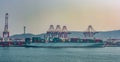 Dockside gantry cranes perform transshipping operations with container ship. Qingdao Qianwan Container Terminal Royalty Free Stock Photo