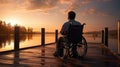 Dockside Sunset: Individual in Wheelchair Royalty Free Stock Photo