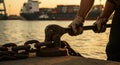 Dockworker securing a ship\'s mooring chain at sunset. Maritime labor, port operations, and cargo ship logistics Royalty Free Stock Photo
