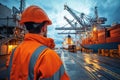 Dockworker overseeing cargo operations at a shipping port industrial environment evening viewpoint maritime logistics Royalty Free Stock Photo