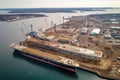 dockyard with view of ship under construction, seen from above Royalty Free Stock Photo