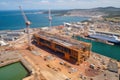 dockyard with view of ship under construction, seen from above Royalty Free Stock Photo