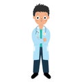 Cute doctor kid in cartoon style. Funny boy in medical uniform