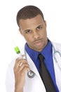 African American doctor holding a large syringe and looking evil Royalty Free Stock Photo