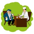 The doctor advises grandfather cure for the disease, vector cartoon doodle illustration.