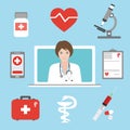 Doctor advises a patient on a tablet computer. Telemedicine and telehealth flat concept illustration. Tele and remote medicine ele