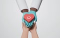 Doctor african american in medical gloves and patient holding heart, happy face on white background
