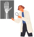 Doctor analyzes results of medical checkup. Female scientist looking at x-ray of human hand Royalty Free Stock Photo