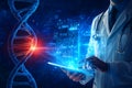 Doctor analyzing dna helix with digital technology and futuristic interface Royalty Free Stock Photo
