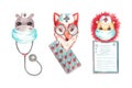 Doctor animals cartoon characters on white background Watercolor medical clipart