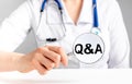 Doctor answers to patients questions about medical care. FAQ in health and medicine concept. Woman with stethoscope in
